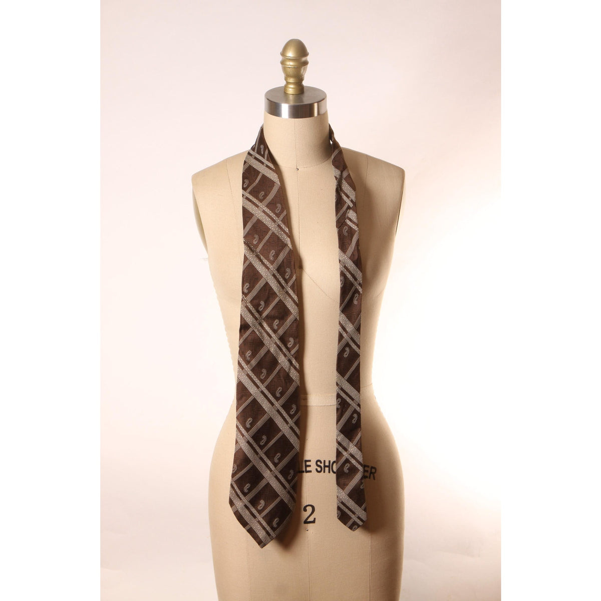 1970s Dark Brown and Tan Plaid and Paisley Wide Necktie Tie by JCPenney