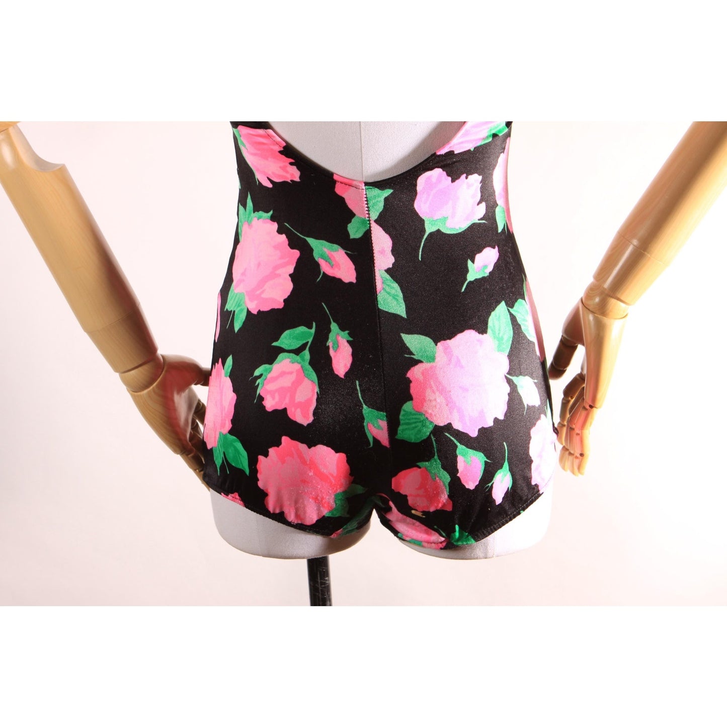 1970s 1980s Black, Pink and Green Floral One Piece Swimsuit by Maxine of Hollywood -M-L