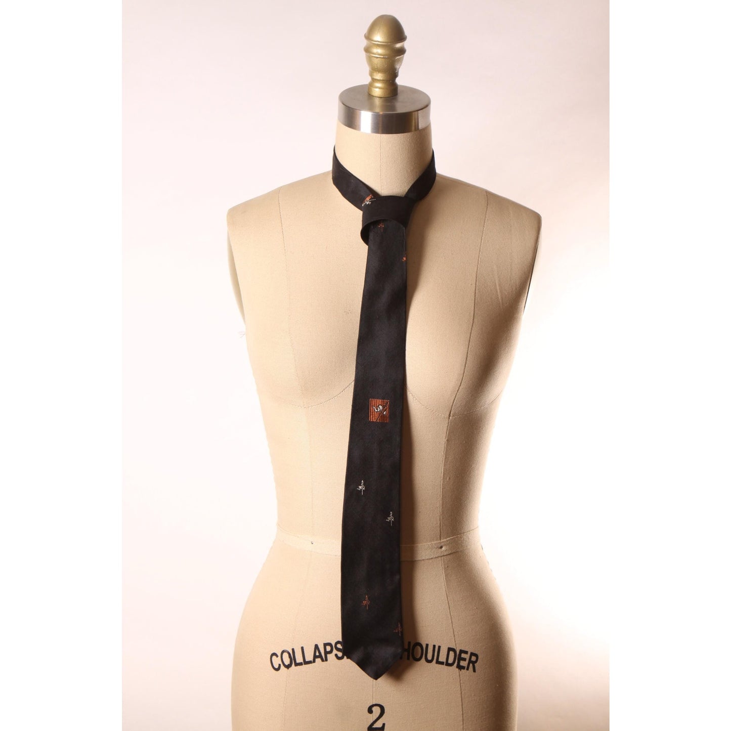 1950s Black and Brown Banner Flag Embroidered Necktie Tie by Baxter & Henning