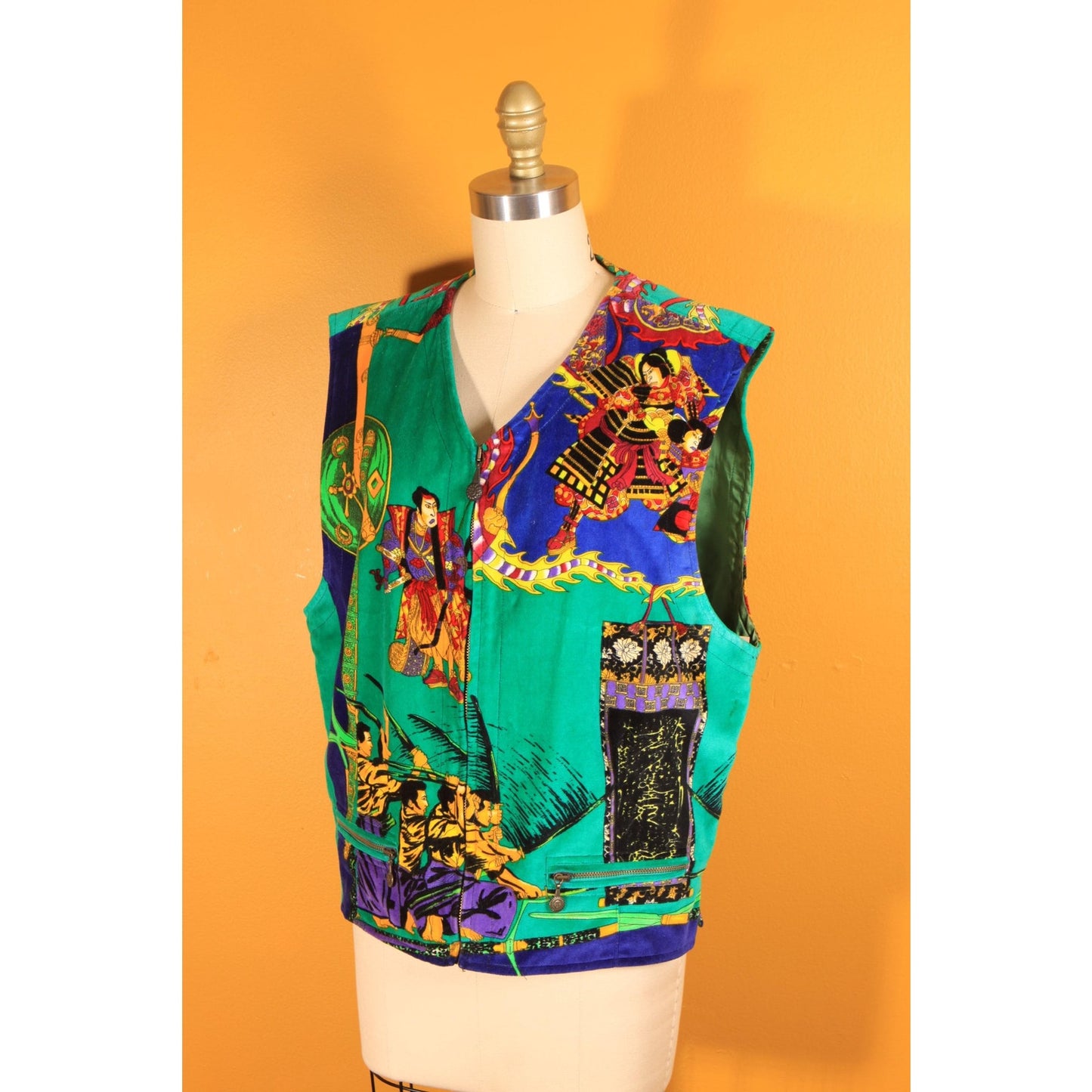 1990s Green and Multi-Colored Novelty Velvet Japanese Samurai Zip Up Vest by Versace Sport -XL-2XL