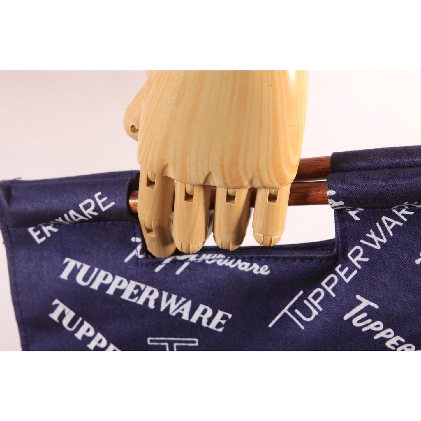 Deadstock 1970s Navy Blue and White Novelty Tupperware Advertisement Wood Top Handle Purse Bag