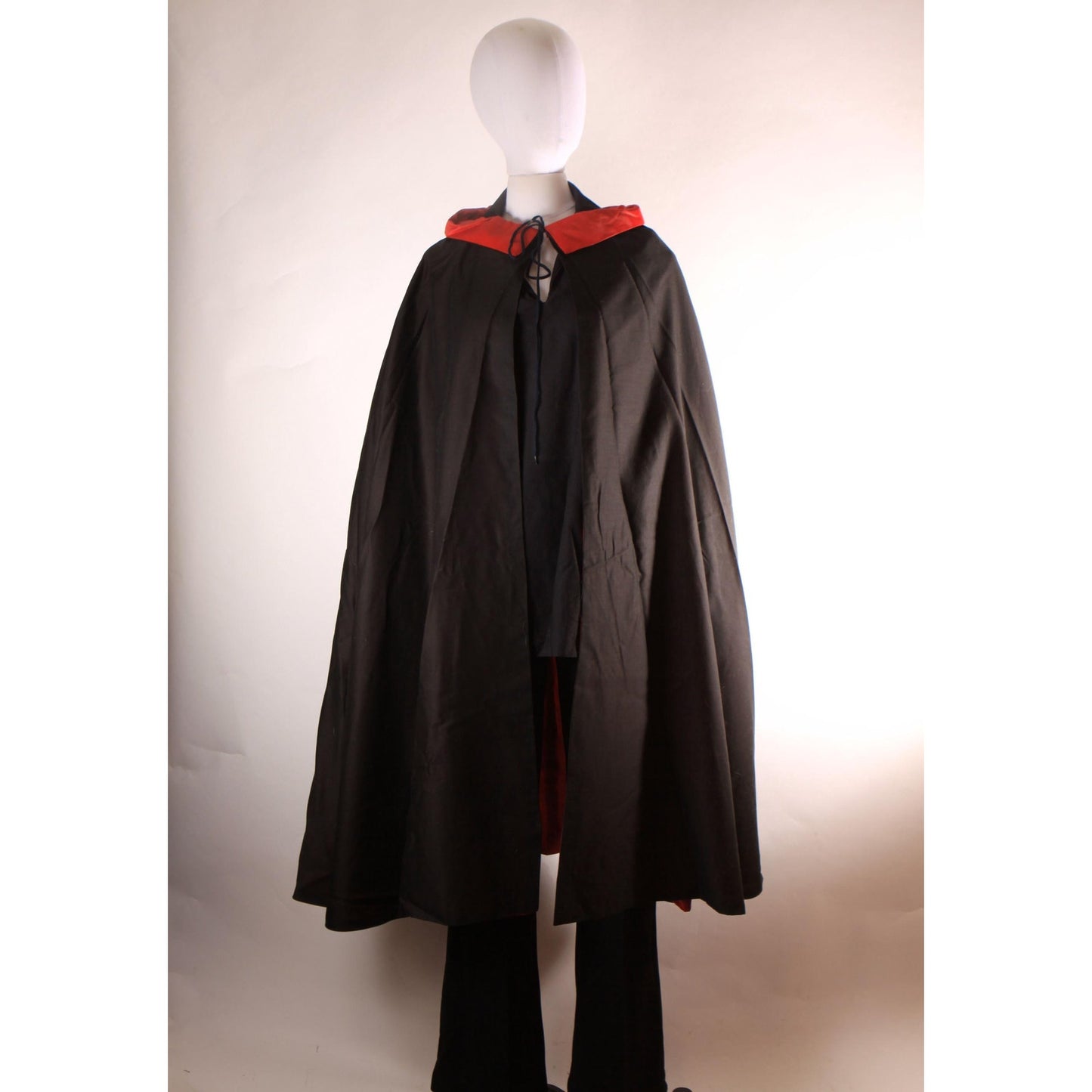 1970s Black and Red Three Piece Dagger Collar Blouse, Pants and Dracula Vampire Cape Halloween Costume -L