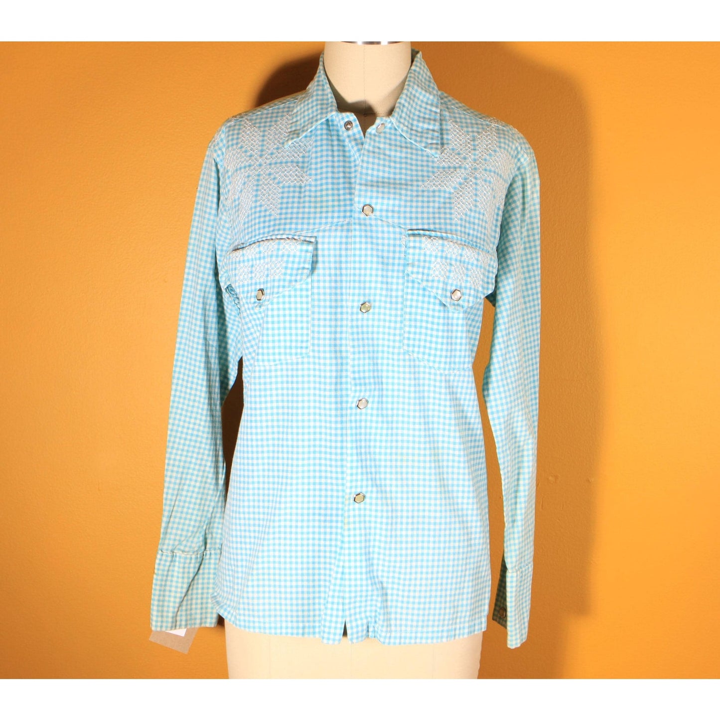 1970s Blue and White Needlepoint Pearl Snap Mens Long Sleeve Shirt -S
