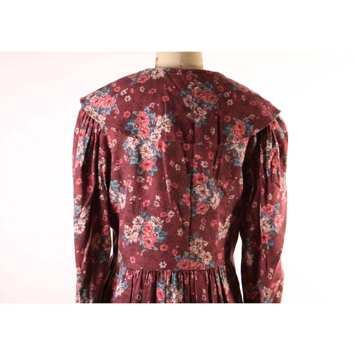 1980s Burgundy, Pink and Green Floral Sailor Collar Long Sleeve Dress by Laura Ashley-L