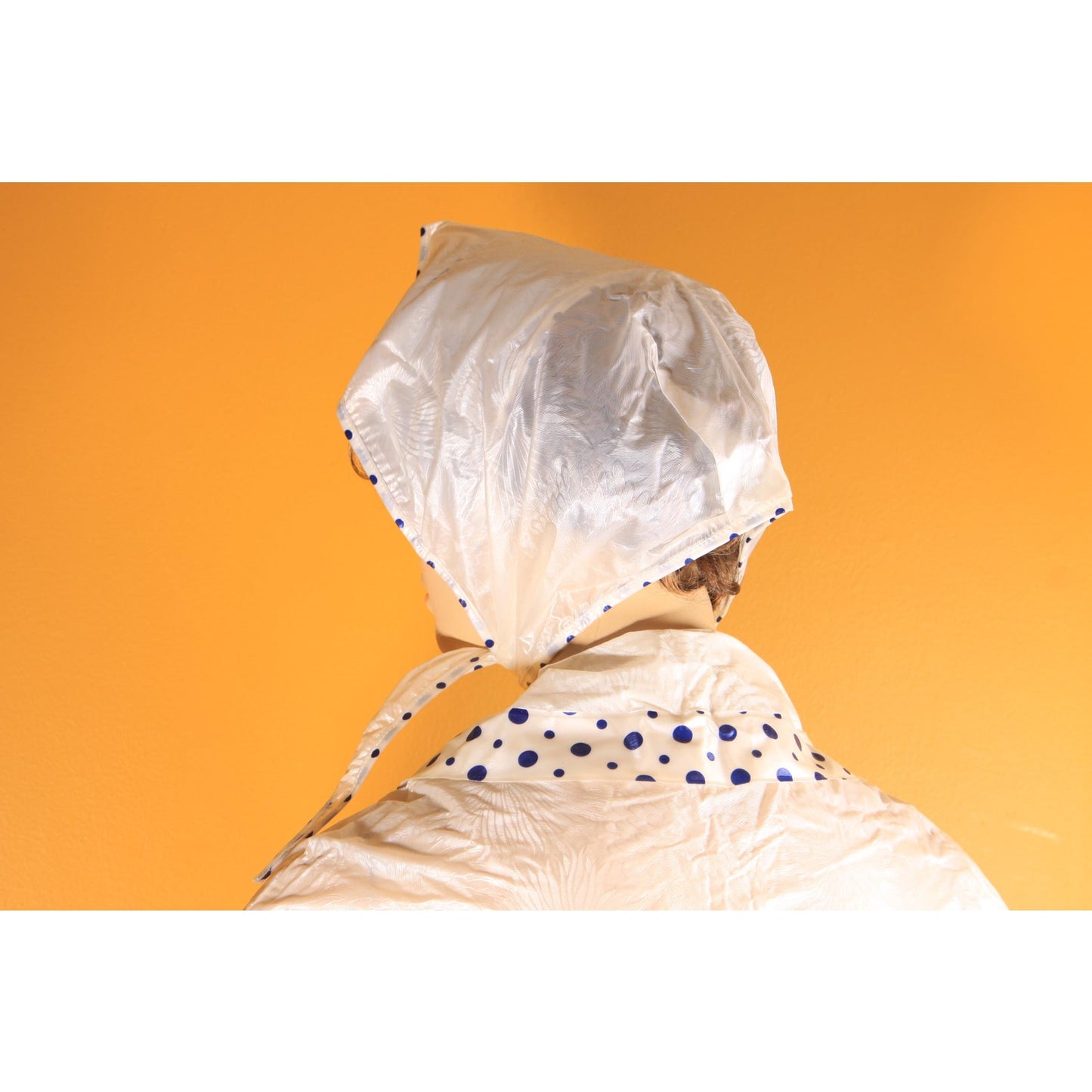 Deadstock 1960s Opaque White and Blue Polka Dot Trim Floral Textured Vinyl Raincoat Cape and Matching Rain Bonnet