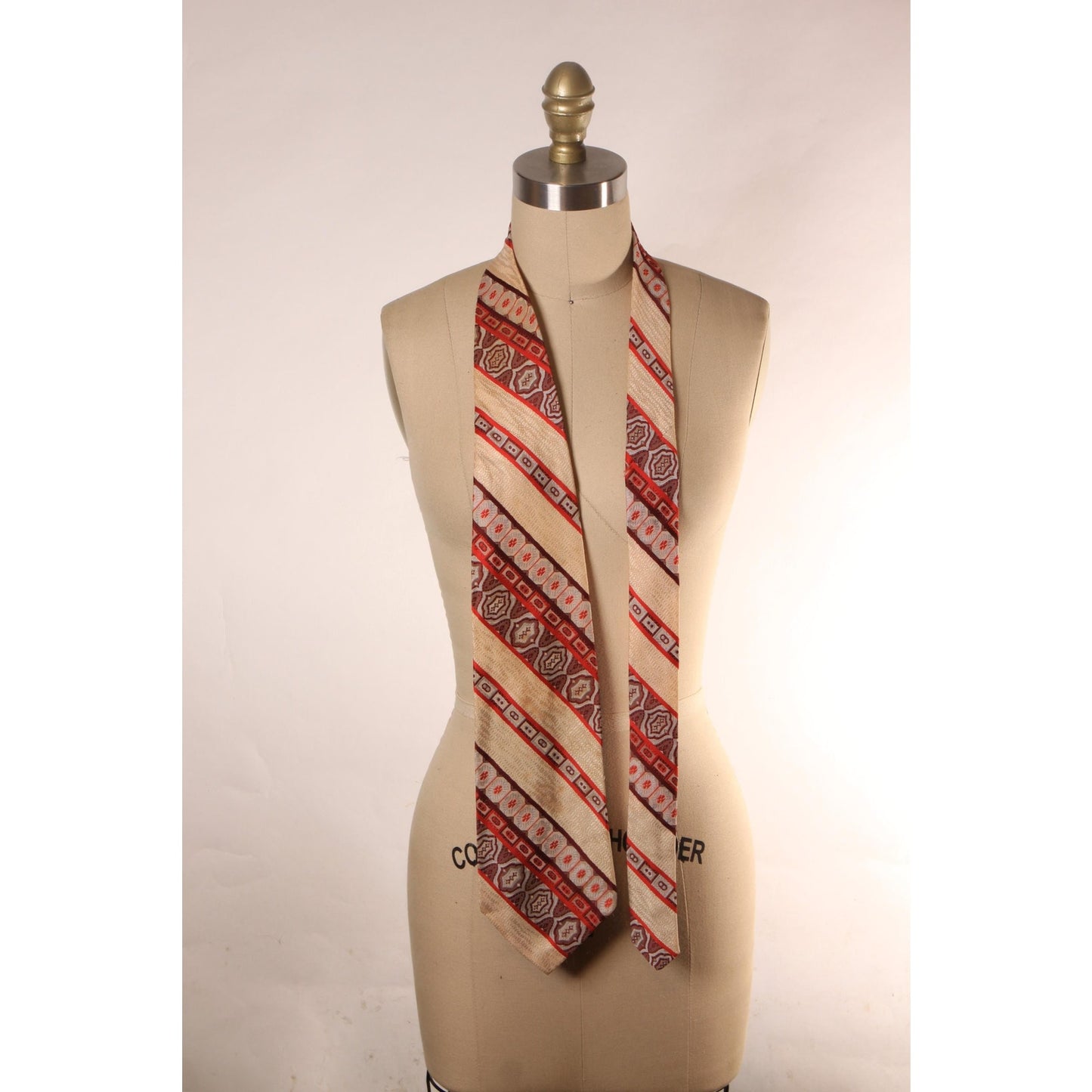 1970s Cream, Orange and Brown Striped Wide Necktie Tie by Valeur Dor