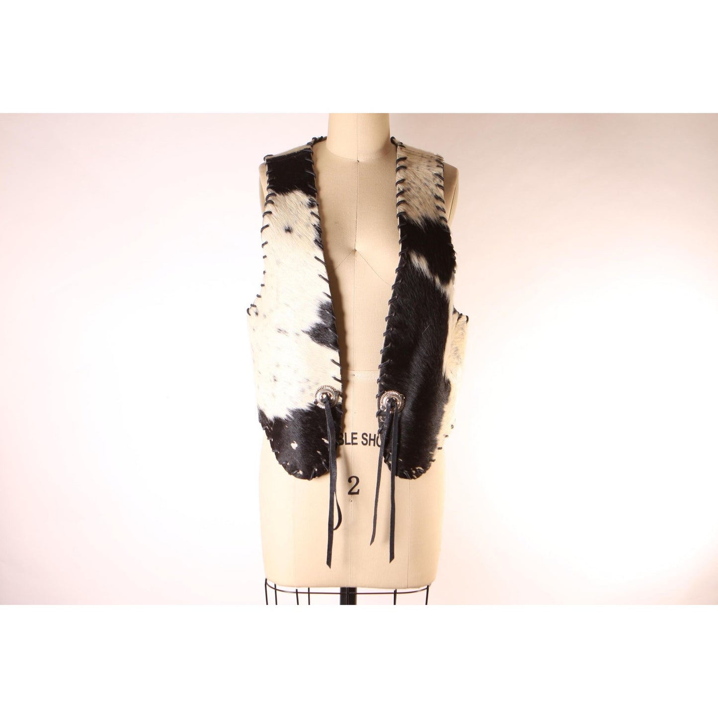 1970s Black and White Cowhide Leather Hair Cow Print Open Front Western Cowgirl Vest