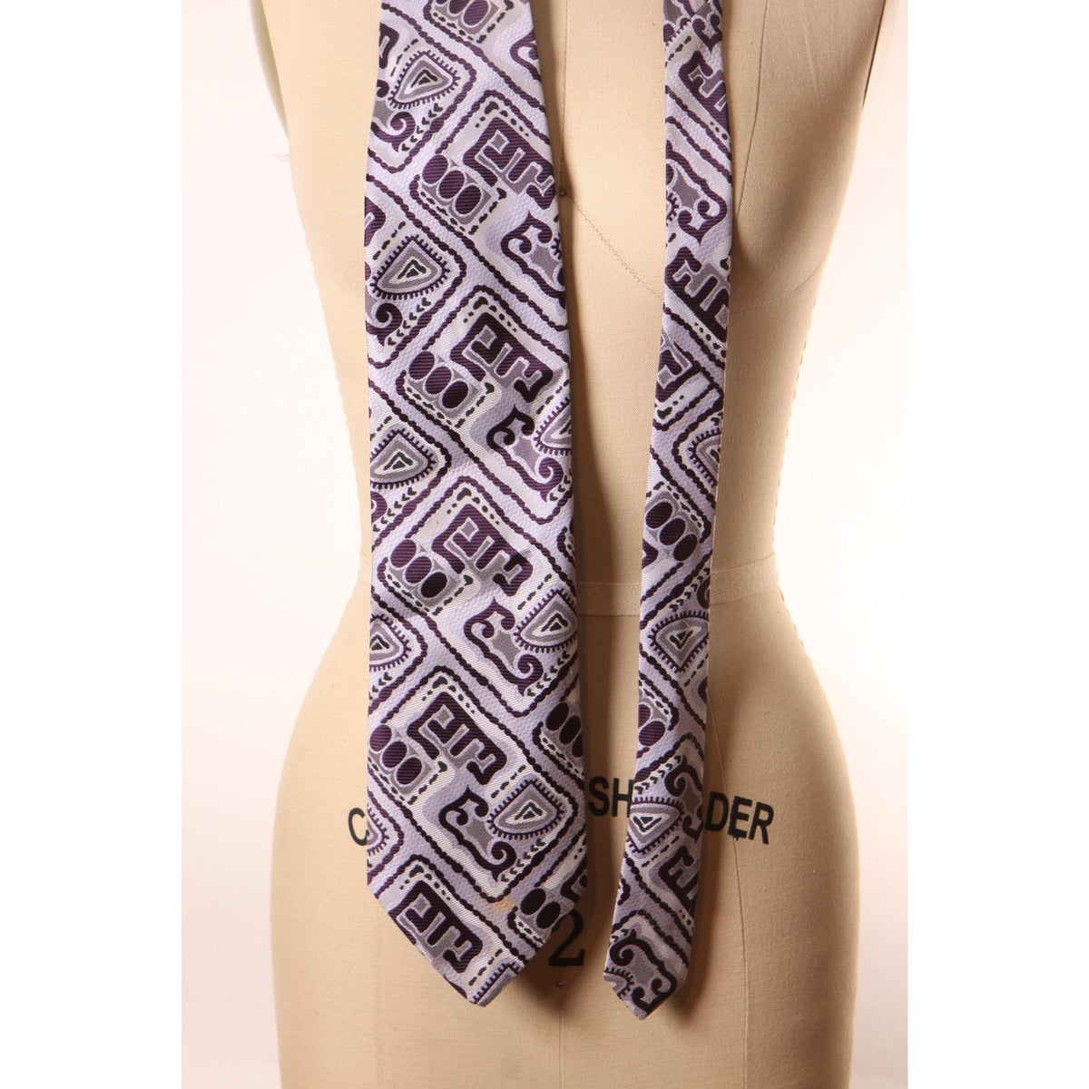 1970a Dark Plum Purple and Gray Abstract Patterned Wide Necktie Tie by Brittania