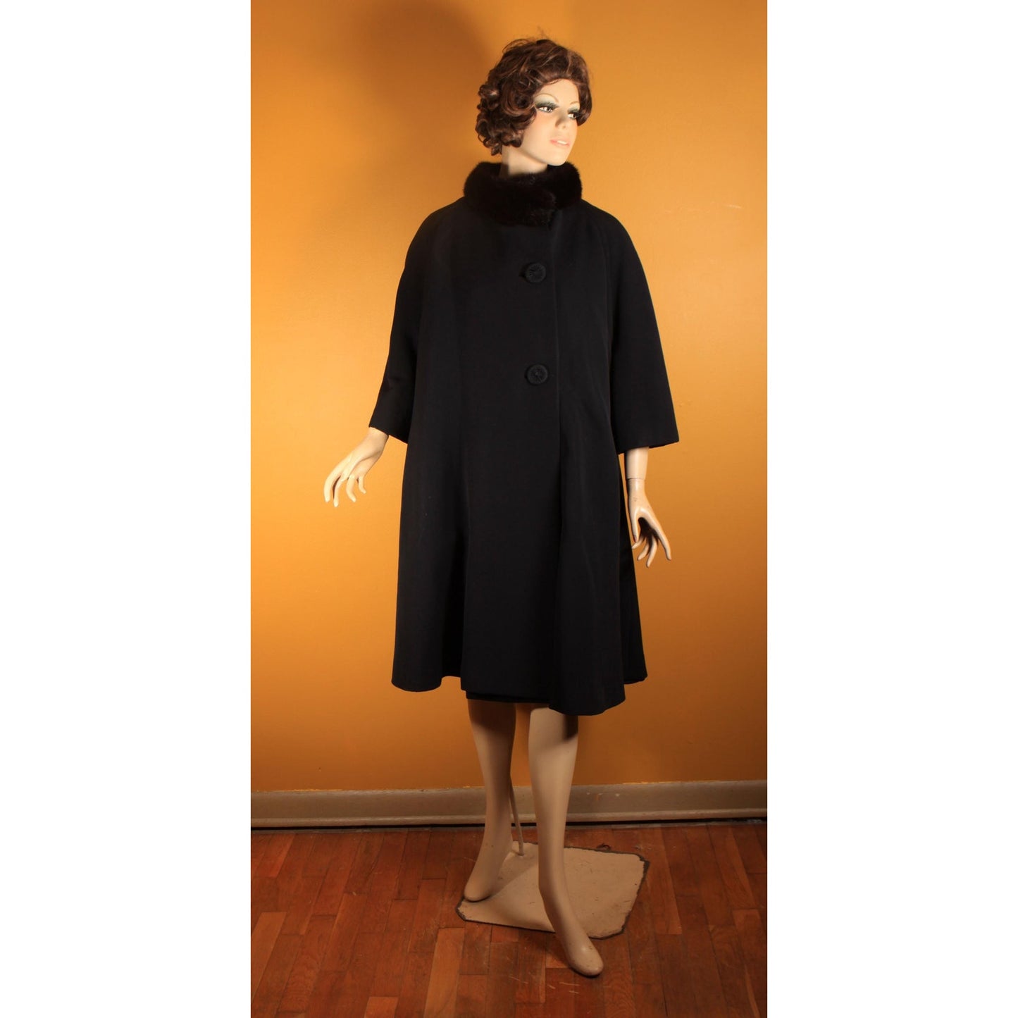 1950s Black Bracelet Sleeve Mink Fur Collar Swing Coat by Netter's -XL