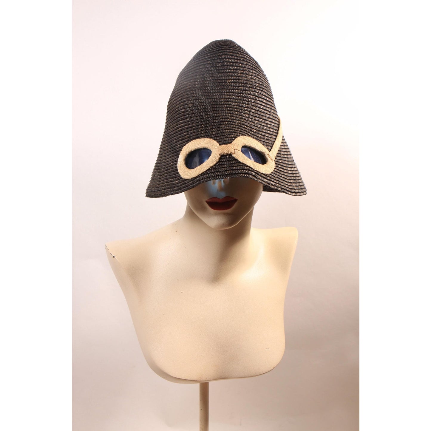 1950s Navy Blue and Cream Blue Lens Novelty Sunglasses Straw Bucket Sun Hat