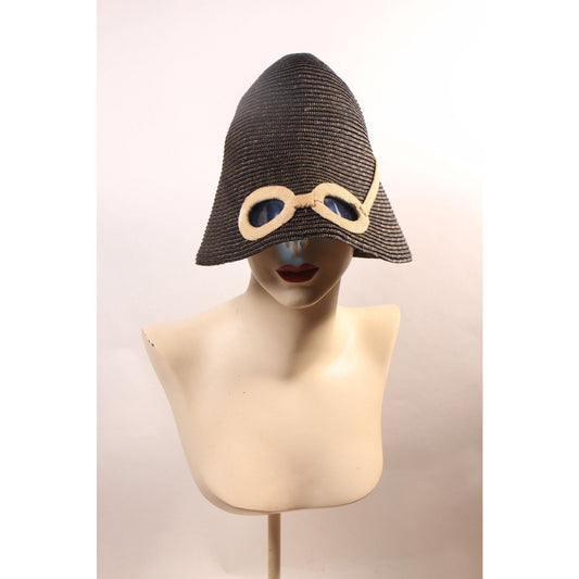 1950s Navy Blue and Cream Blue Lens Novelty Sunglasses Straw Bucket Sun Hat