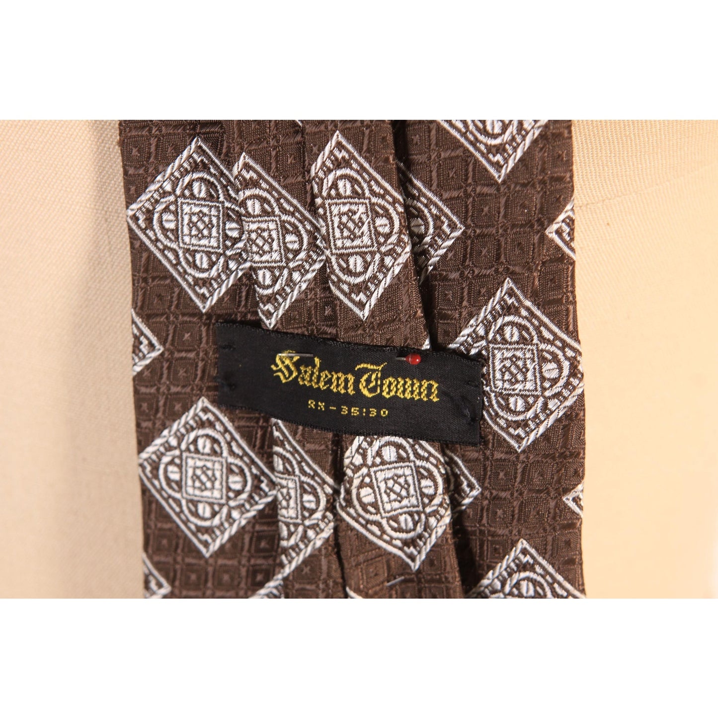 1960s Brown and White Geometric Clip On Necktie Tie by Salem Town