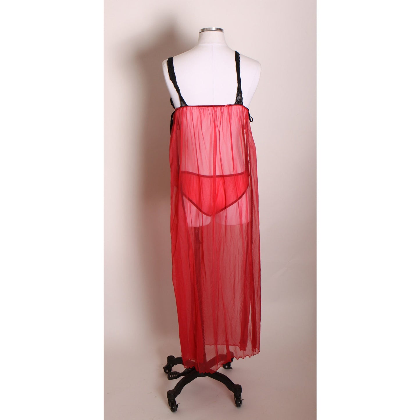 1960s Red and Black Lingerie Open Side Night Gown with Matching Panties and Open Sleeve Robe Lingerie Set -S