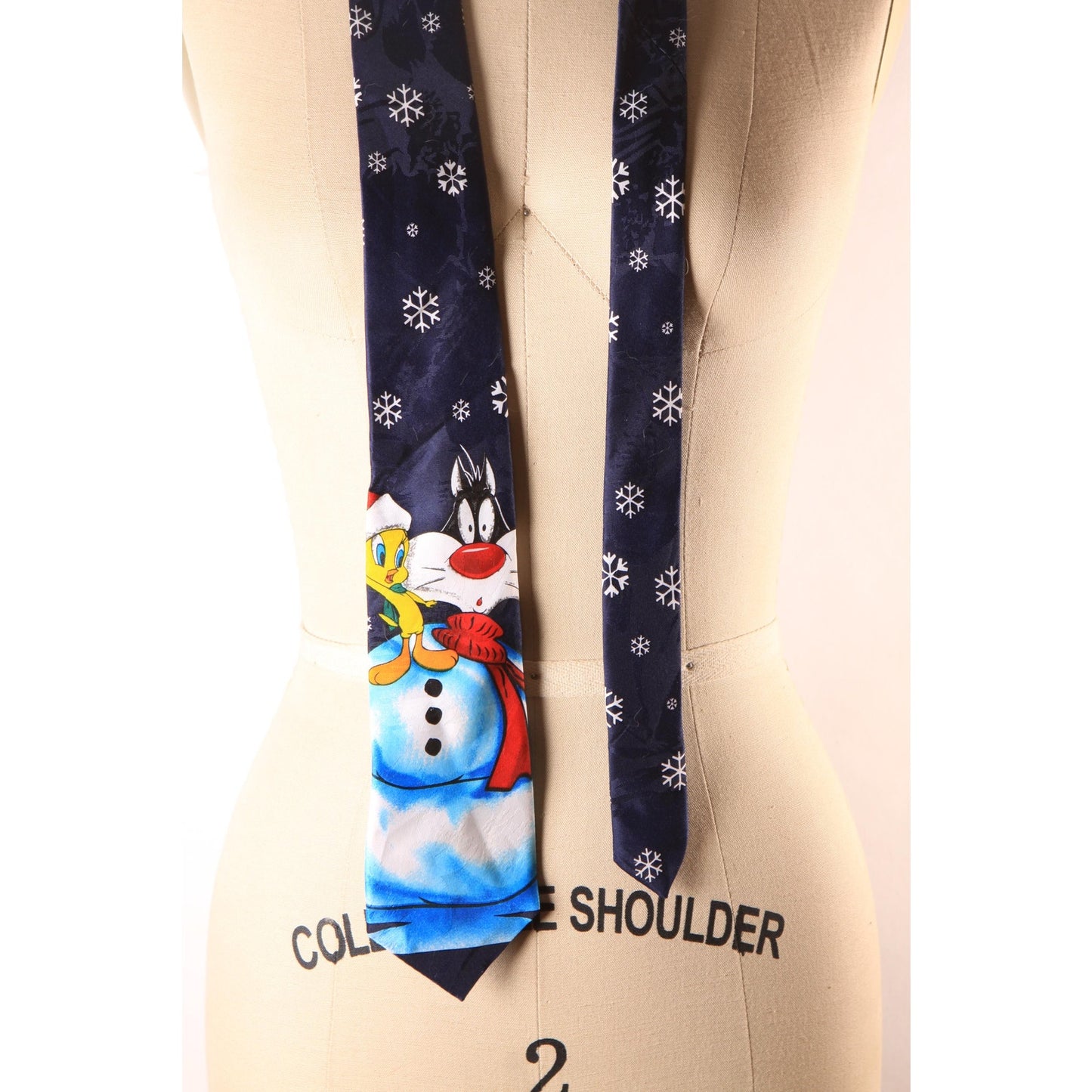 1990s Blue Novelty Tweety Bird and Sylvester Snowman Necktie by Looney Tunes Mania