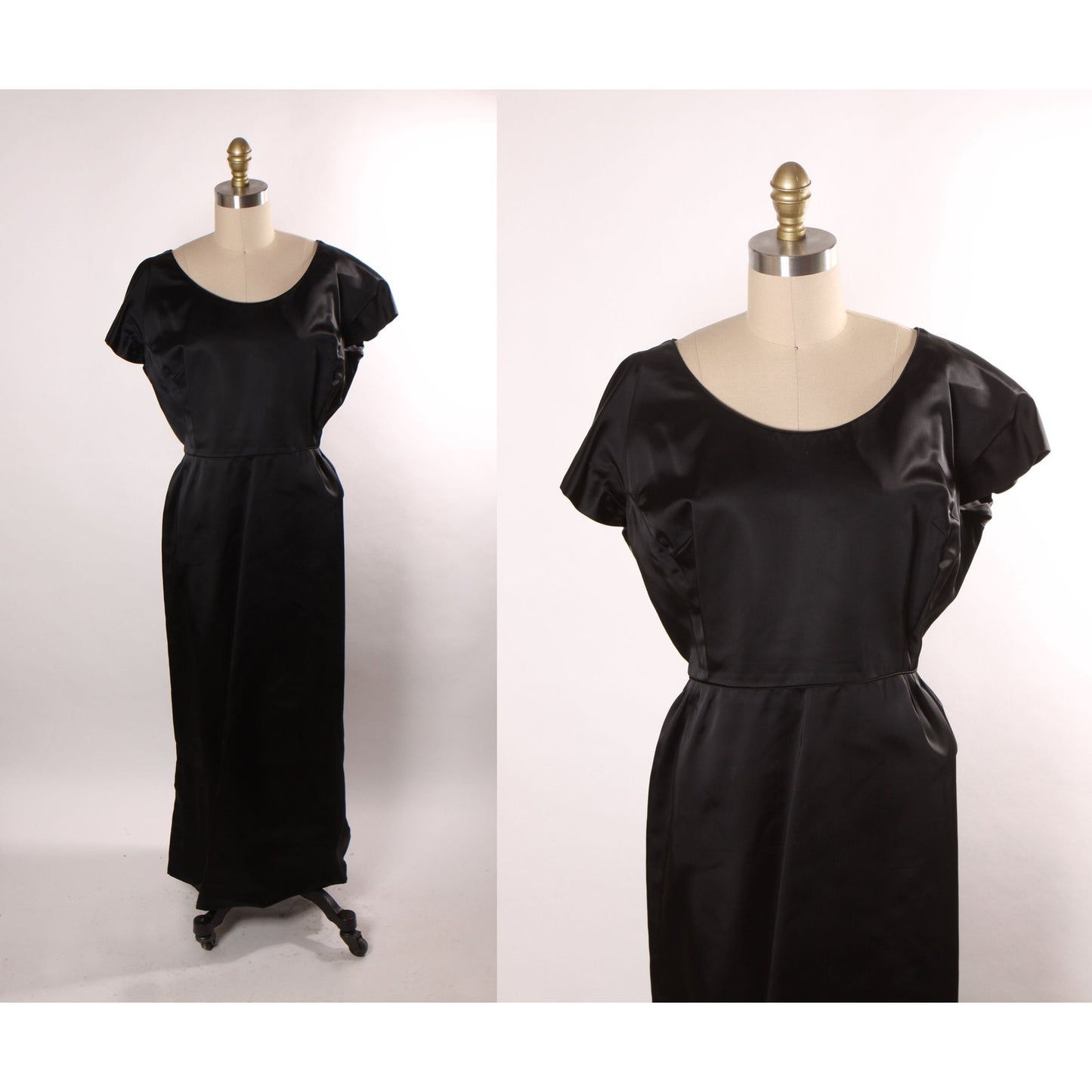 1960s Black Satin Short Sleeve Full Length Dress -XL