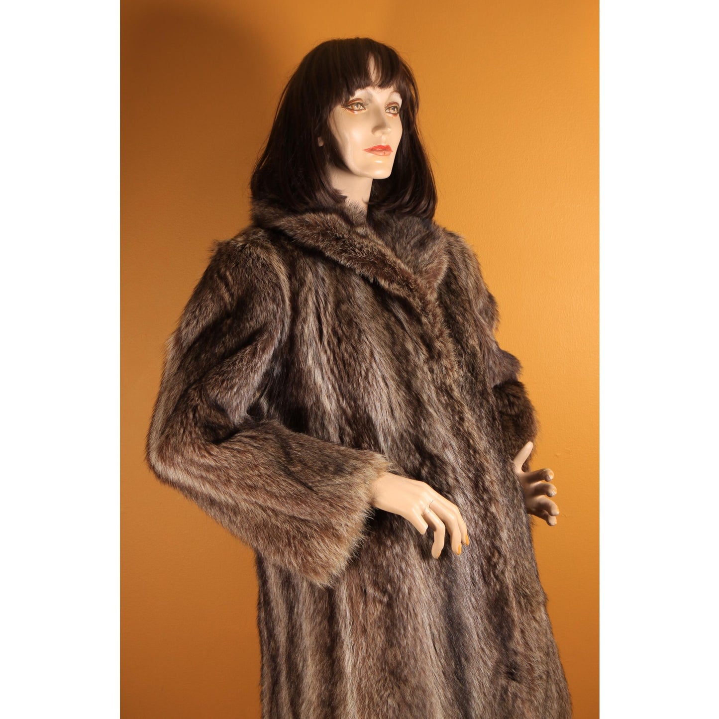 1970s Gray and Black Long Sleeve Raccoon Fur Coat -XL