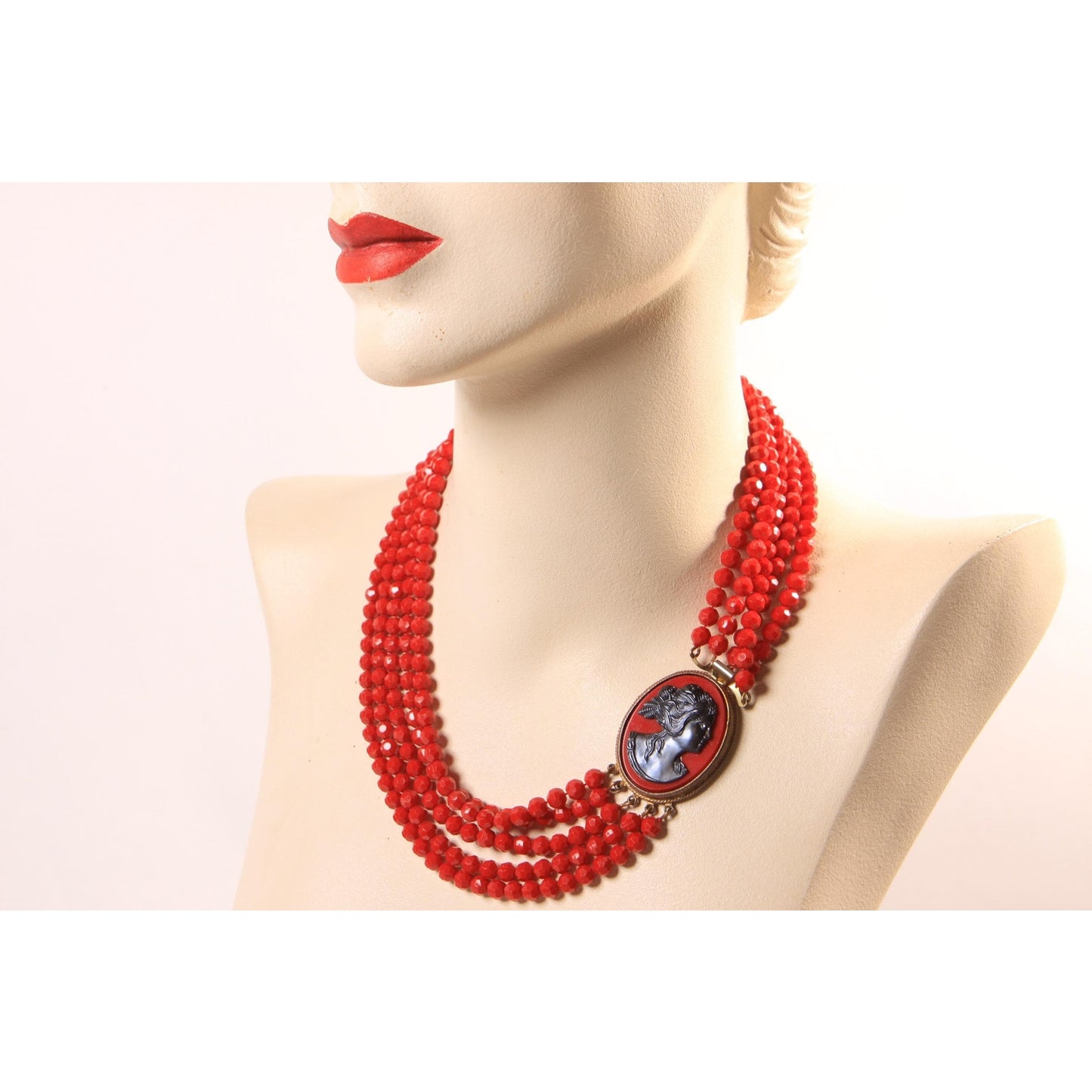 1950s 1960s Red Plastic Beaded Multi-Strand Red and Black Cameo Necklace
