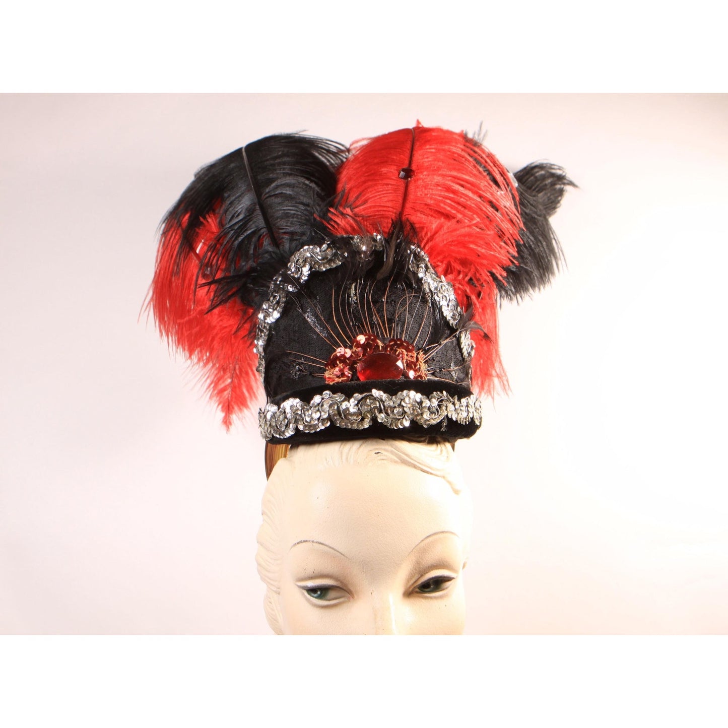 1970s Red and Black Costume Showgirl Burlesque Feather Sequin Headdress Headpiece Hat