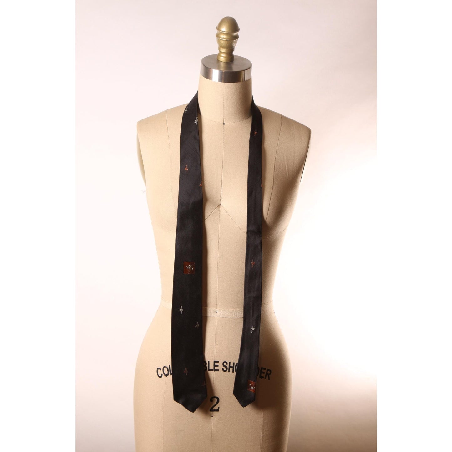 1950s Black and Brown Banner Flag Embroidered Necktie Tie by Baxter & Henning