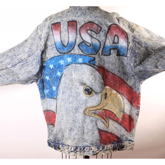 1980s Blue Denim Acid Wash Oversized Airbrush America Bald Eagle USA American Flag Jacket Coat by First Concept -L