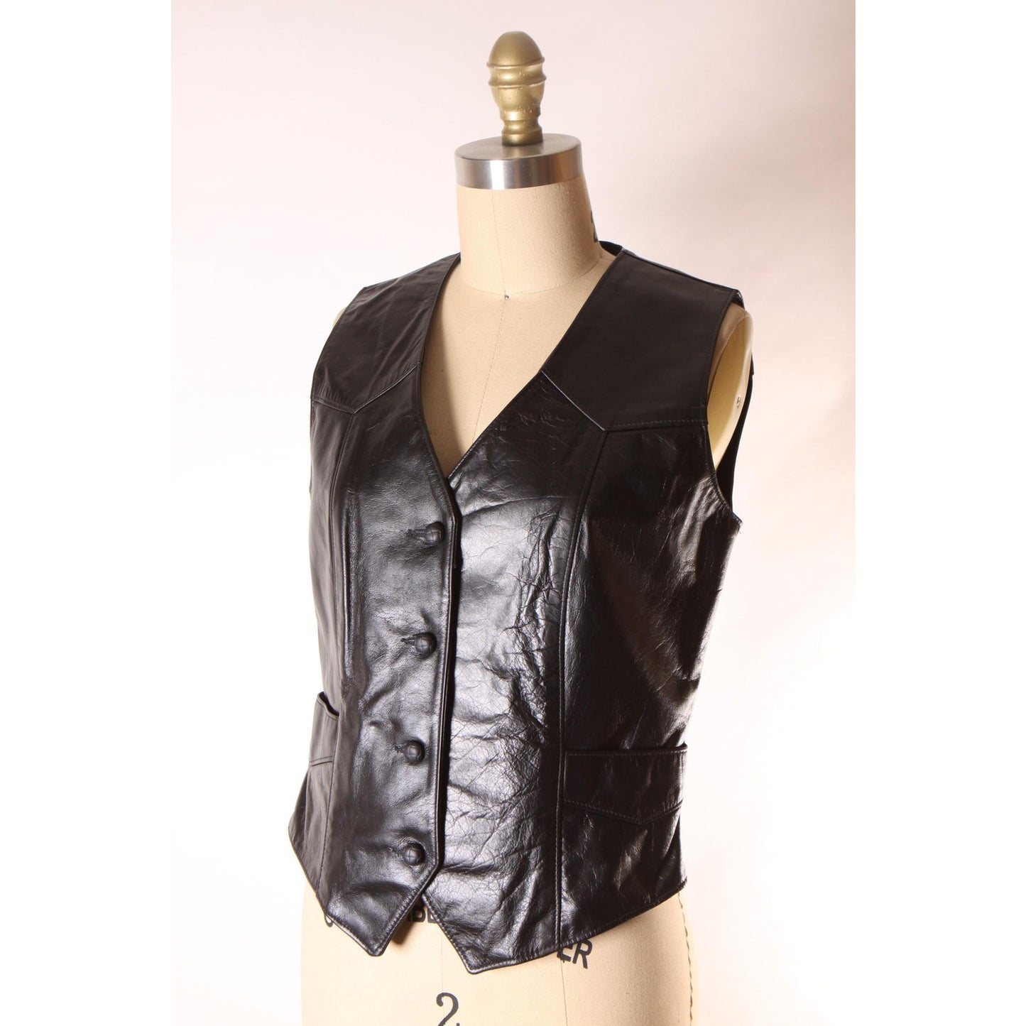 1970s Black Leather Button Down Pocketed Western Vest by Tony Lama -S-M