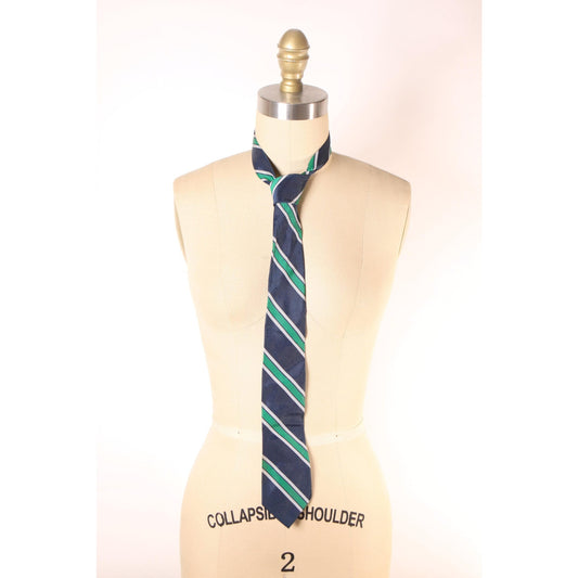 1970s Navy Blue and Green Striped Necktie Tie