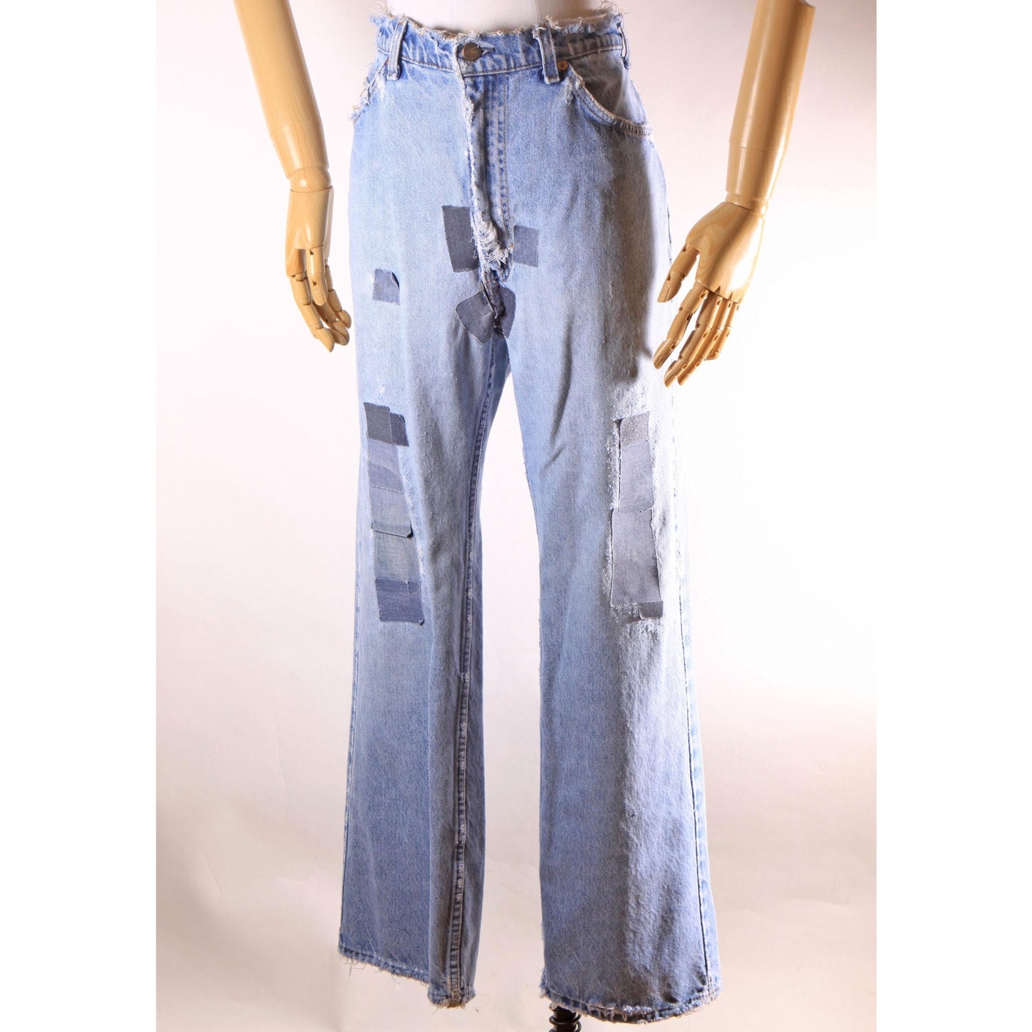 1980s Distressed Patch Fraying Blue Denim Orange Tab 517 Jeans by Levi's -38x30