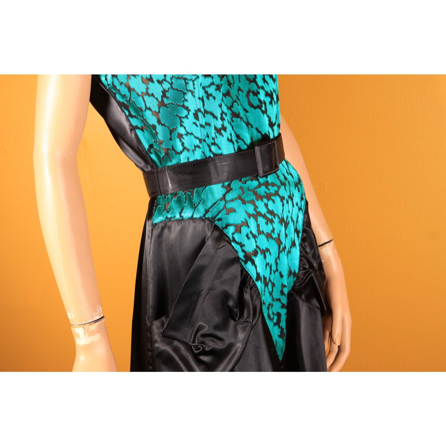 1980s Does 1940s Style Teal Blue Green and Black Sheer Cocktail Dress by Diamond's Run -L