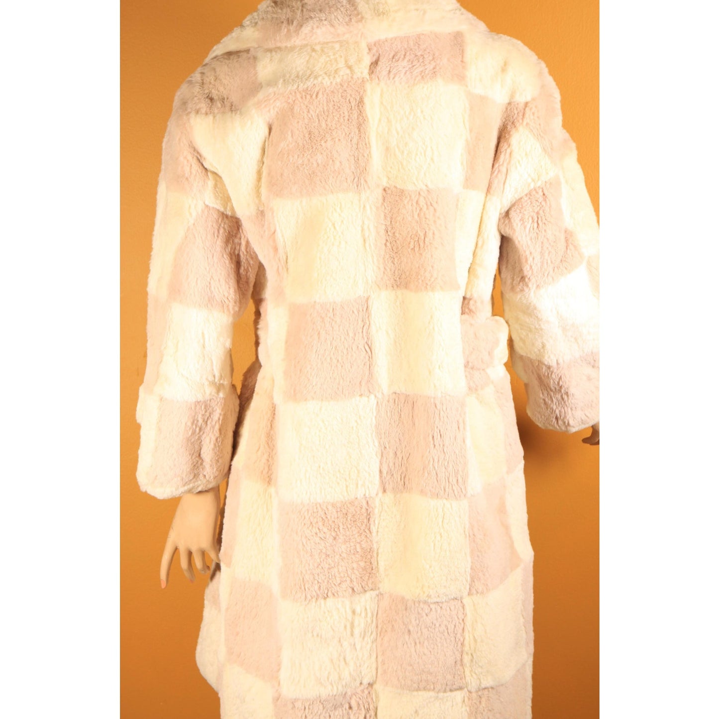 1960s Light Pink and White Sheared Dyed Chinchilla Fur Checkerboard Mod Belted Coat by Famous Barr -M-L