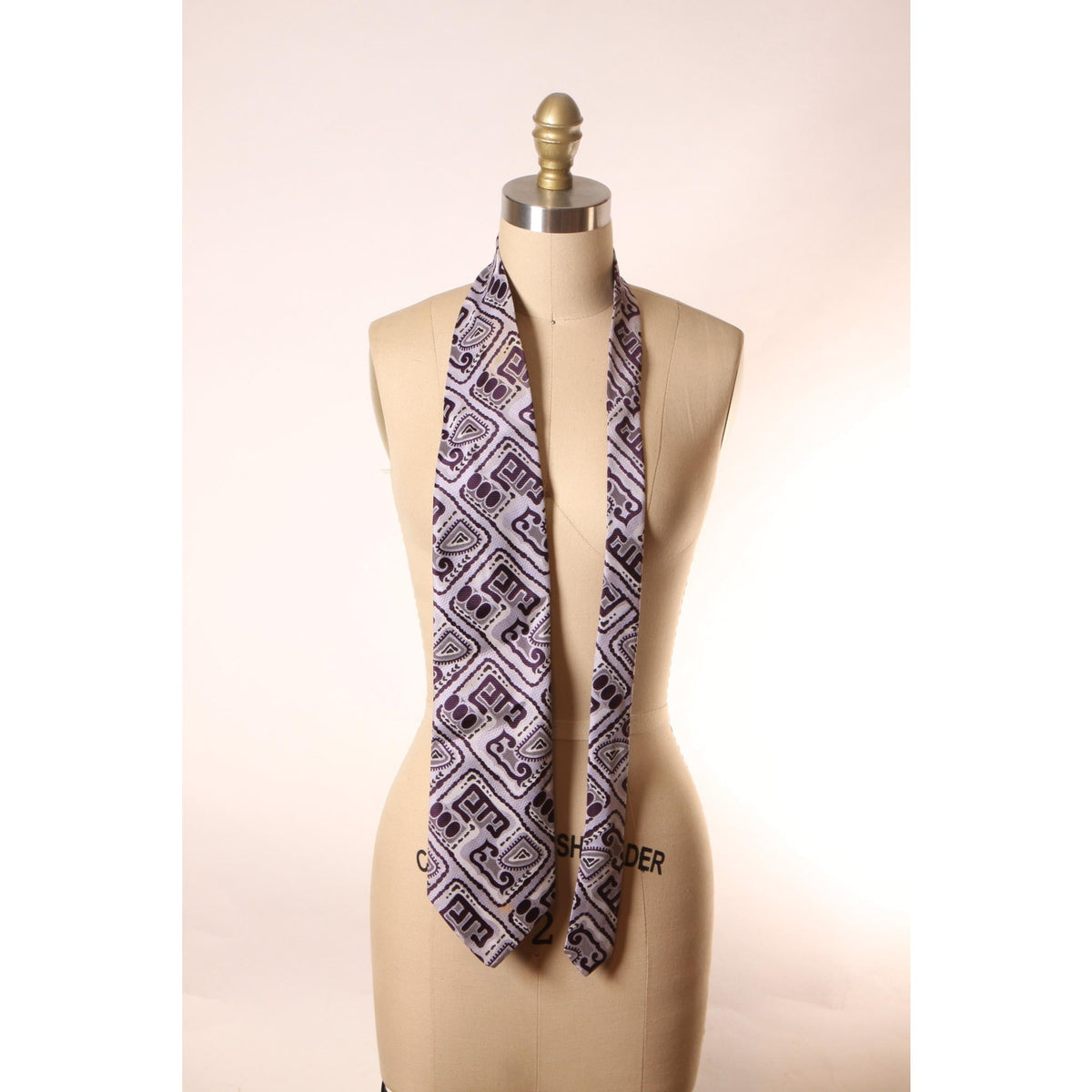 1970a Dark Plum Purple and Gray Abstract Patterned Wide Necktie Tie by Brittania