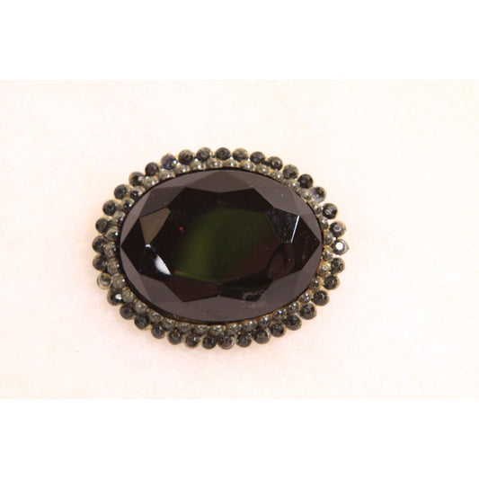 1960s Black Glass Faceted Cabochan Oval Brooch by HAR