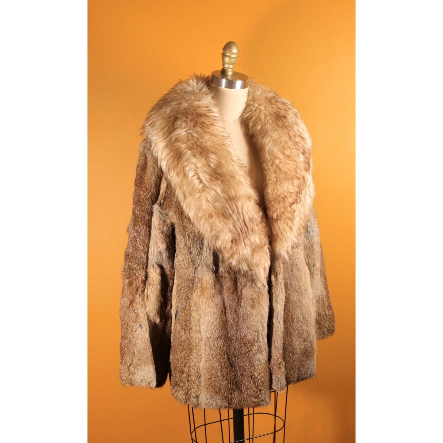 1970s Brown and Gray Rabbit Fur and Shearling Trim Collar Coat by Montgomery Ward -M-L