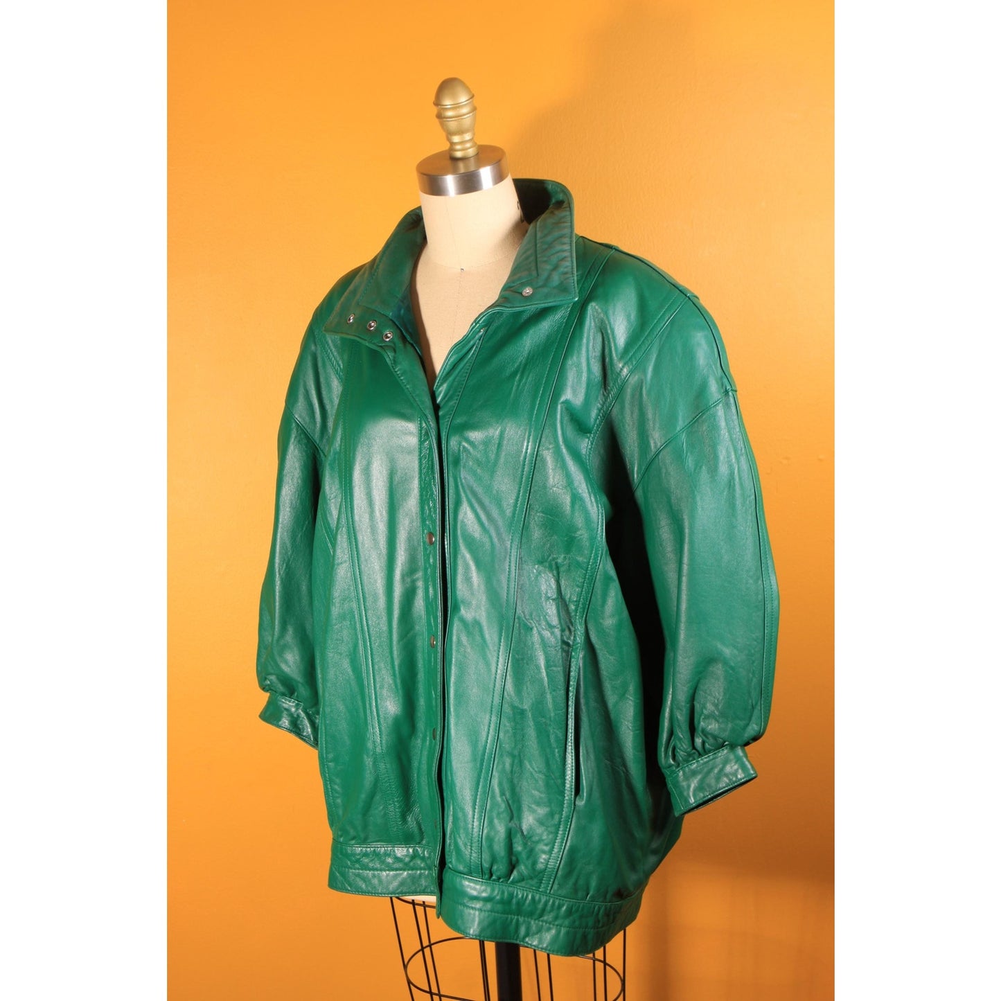 1980s Green Leather Metal Snap 3/4 Length Sleeve Jacket Coat