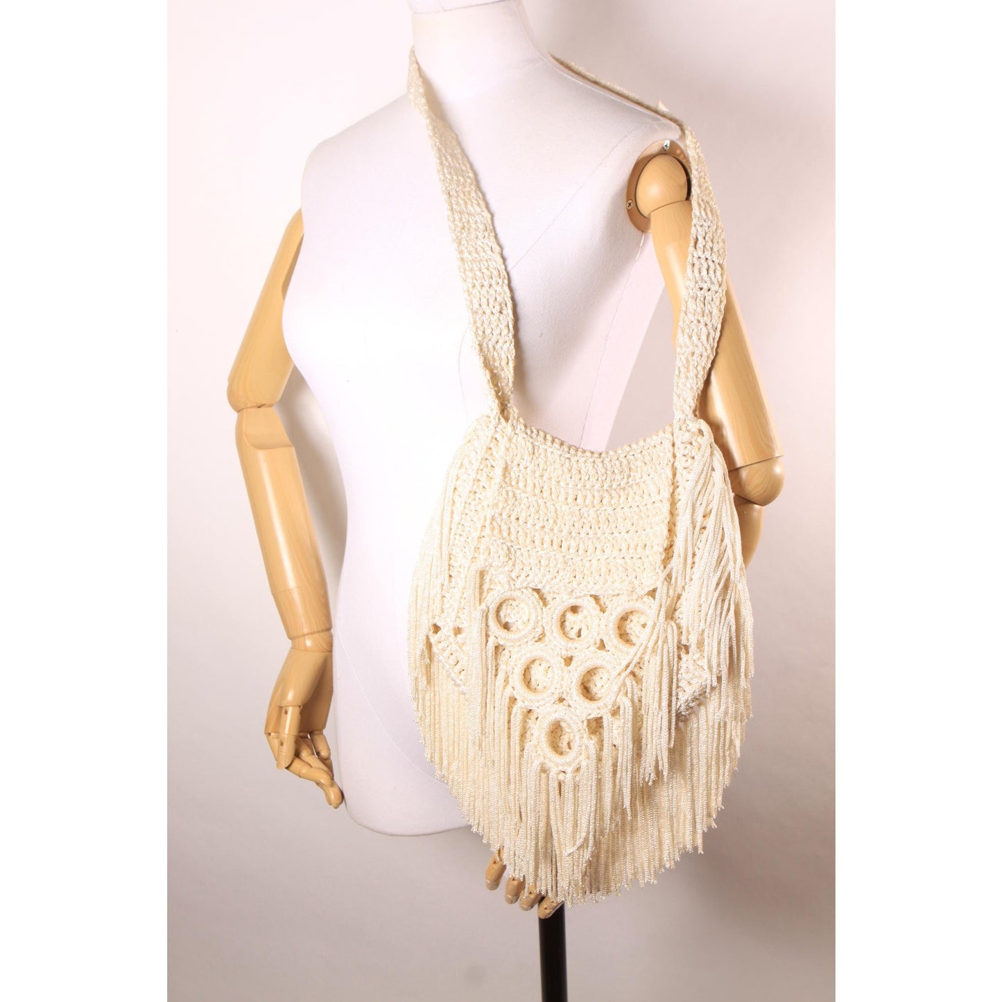 Deadstock 1970s Cream Off White Crochet Fringe Boho Hippie Shoulder Strap Purse