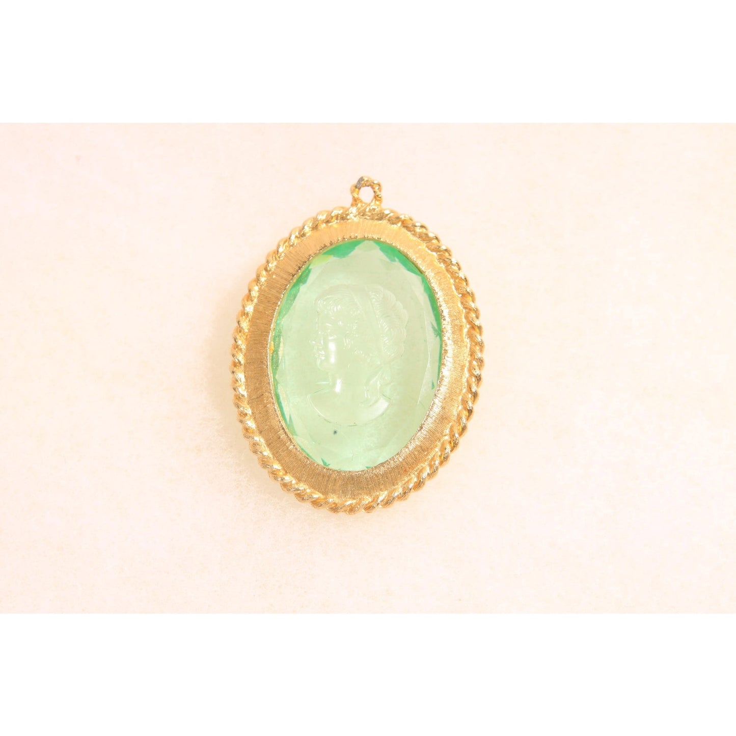 1970s Gold Tone Metal Blue Clear Glass Cameo Etched Glass Necklace Pendant