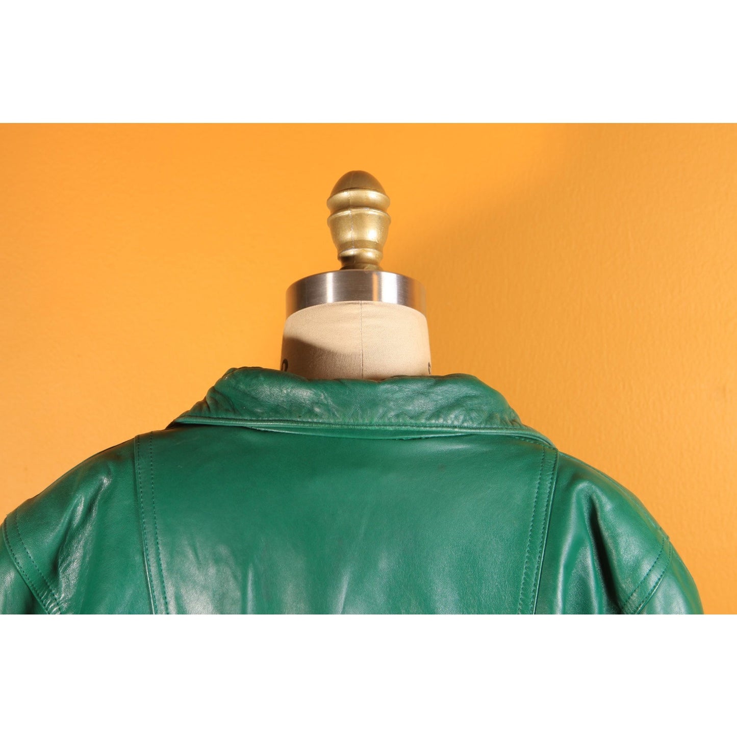 1980s Green Leather Metal Snap 3/4 Length Sleeve Jacket Coat