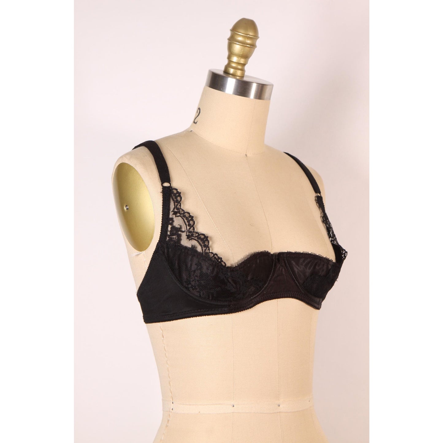 1970s Black Open Cup Lace Trim Shelf Bra by Fredericks of Hollywood-36C