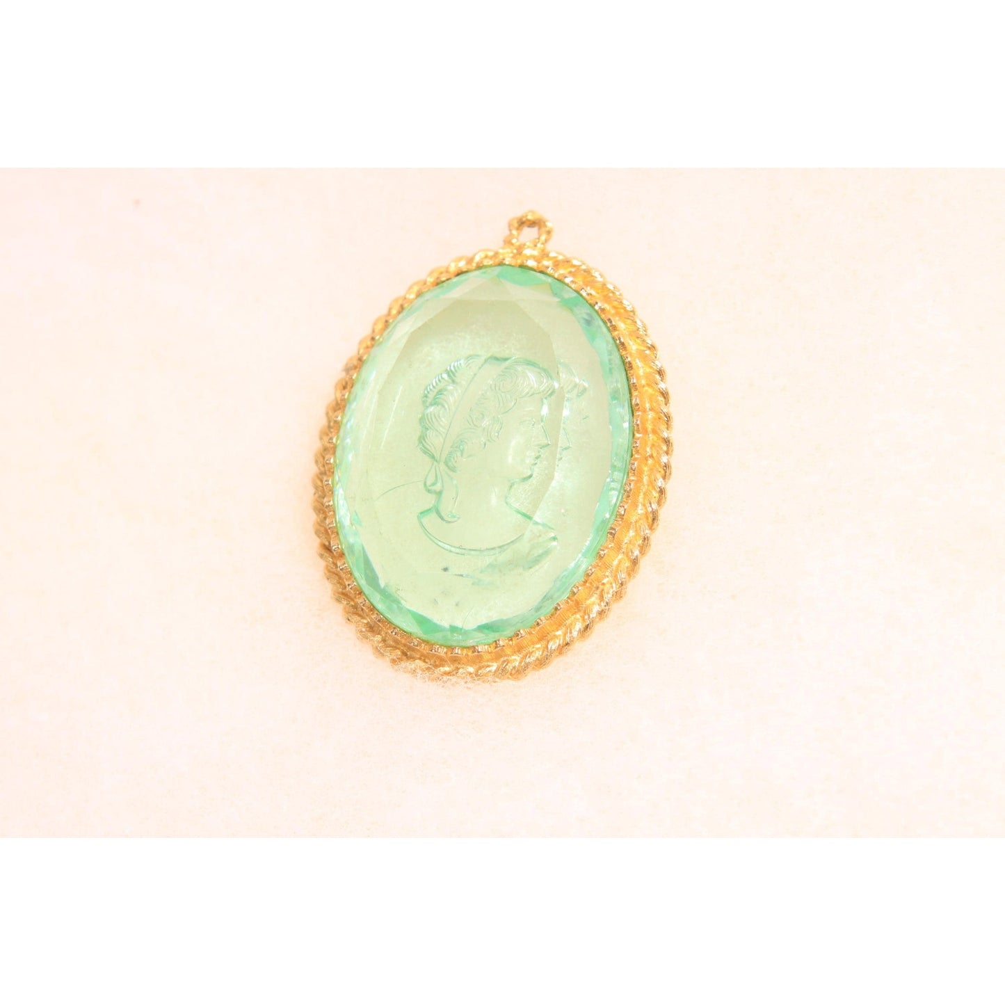 1970s Gold Tone Metal Blue Clear Glass Cameo Etched Glass Necklace Pendant