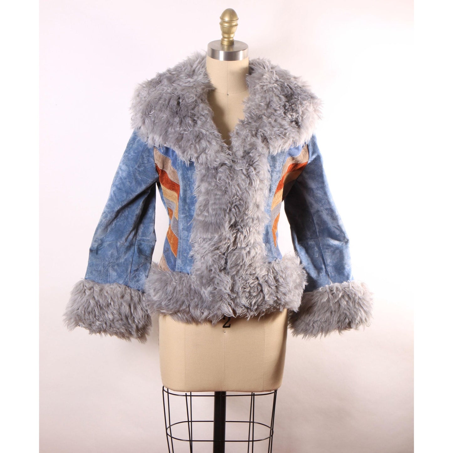 1970s Blue, Brown and Tan Velveteen Striped Faux Fur Trim Waist Length Penny Lane Coat