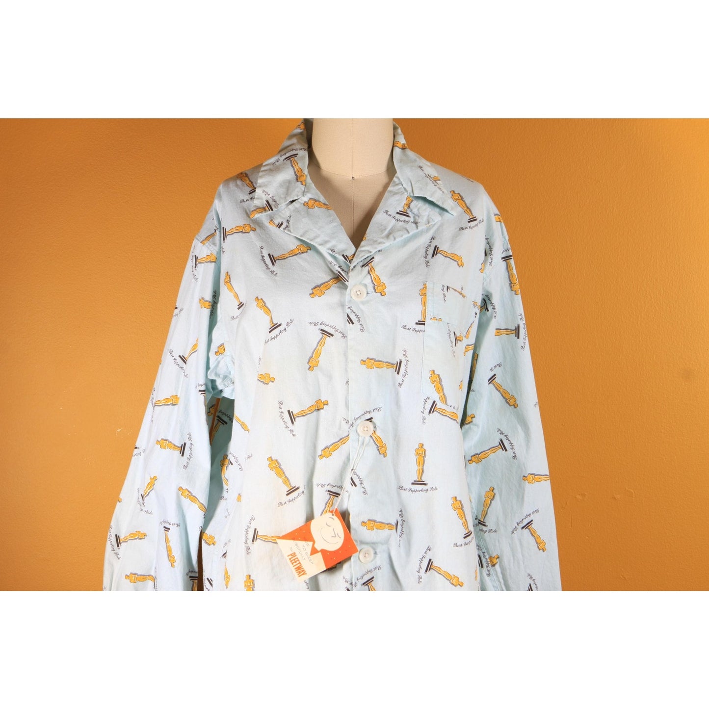 Deadstock 1950s Novelty Blue, Gold and Black Best Supporting Role Oscar Mens Pajama Top by Pleetway -XL