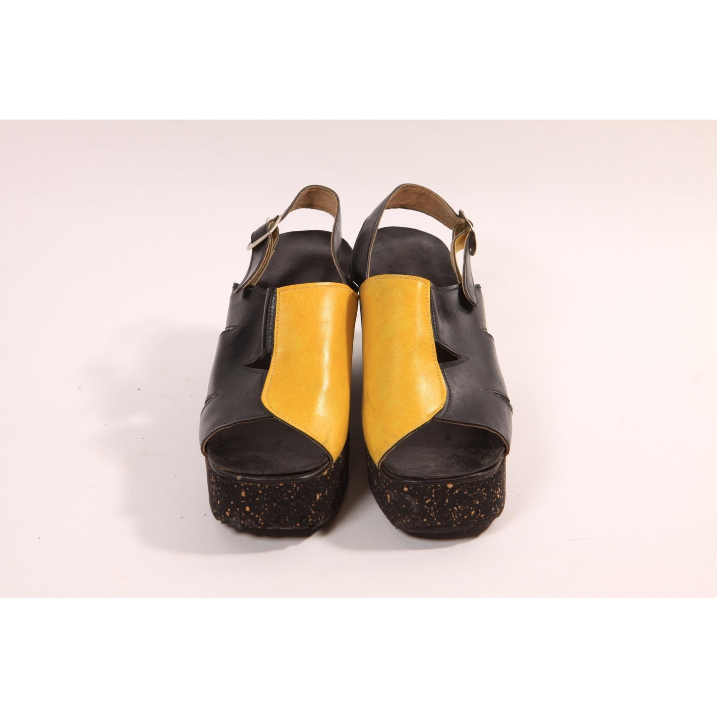 Late 1970s Early 1980s Black and Yellow Splatter Paint Platform High Heel Sandals