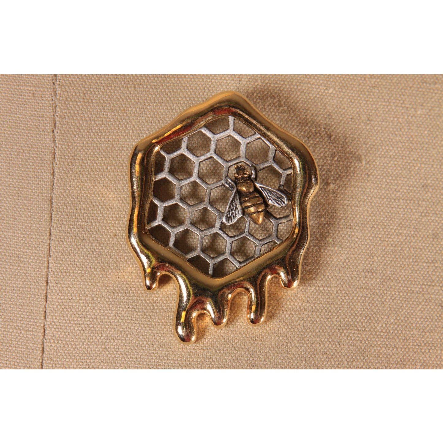 1980s Gold Tone and Silver Tone Metal Novelty Honey Beehive Bee Brooch