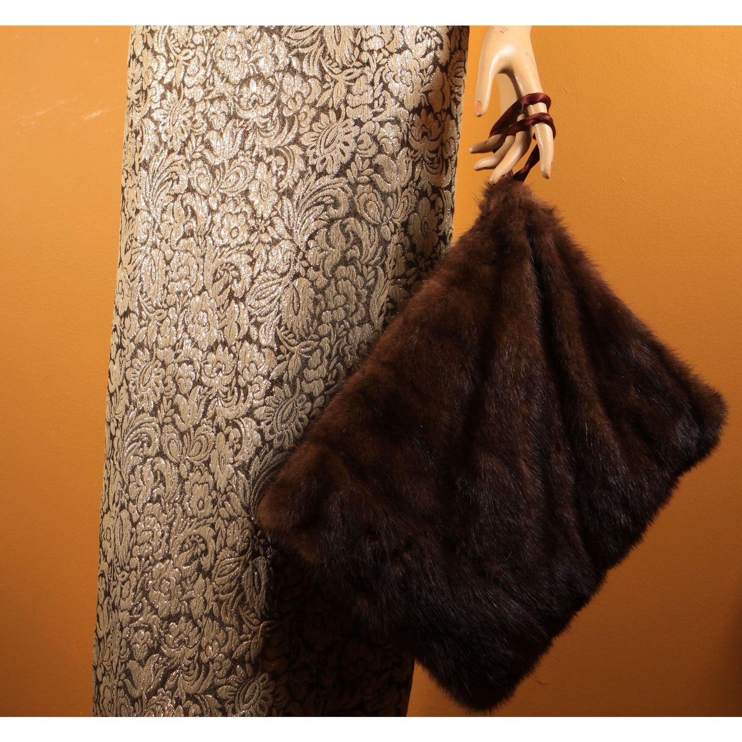 Early 1950s Gold & Brown Lurex Floral Mink Fur Trim Sleeveless Cocktail Dress with Matching Cropped Jacket and Muff by Terry Allen Original