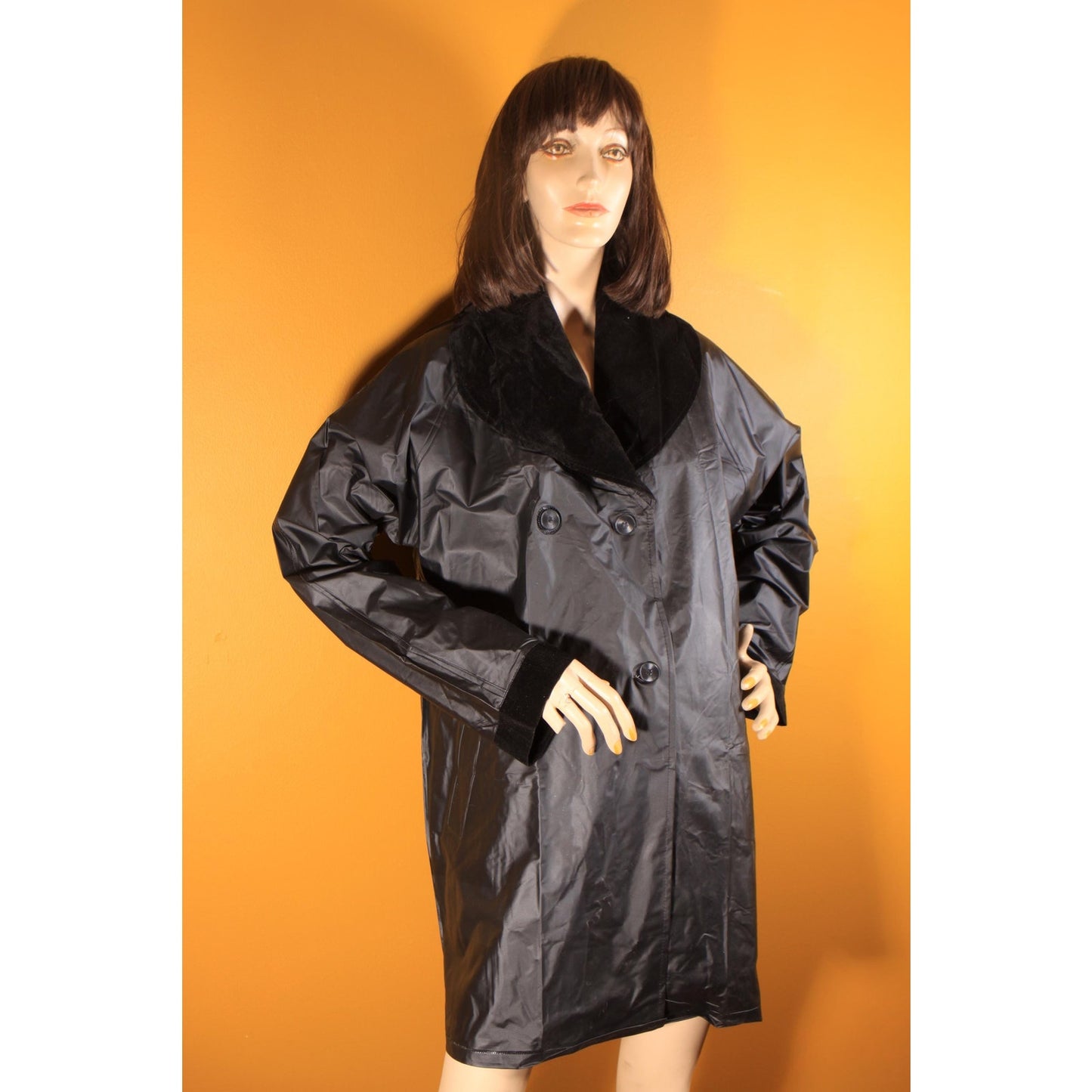 1980s Black Vinyl Velvet Trim Button Down Raincoat -XL