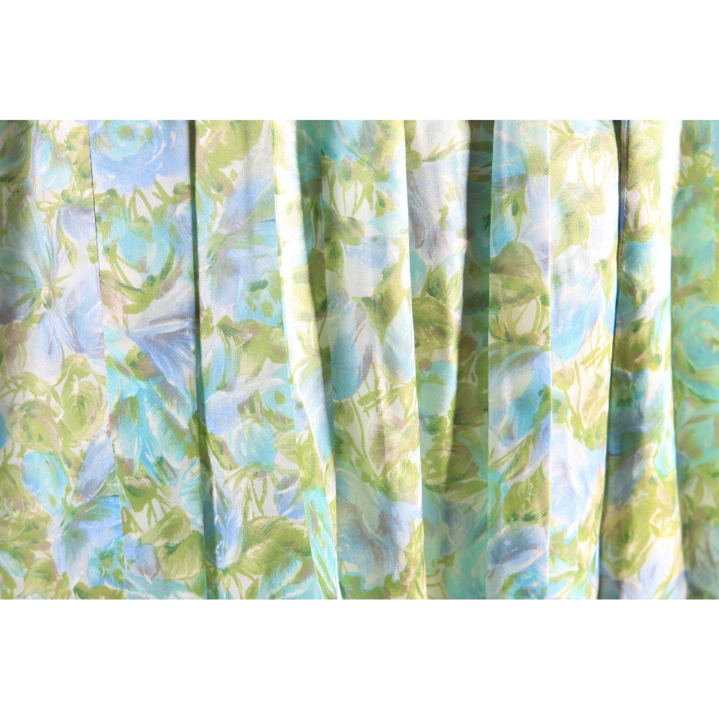 1950s Blue and Green Floral Sleeveless Belted Flared Dress