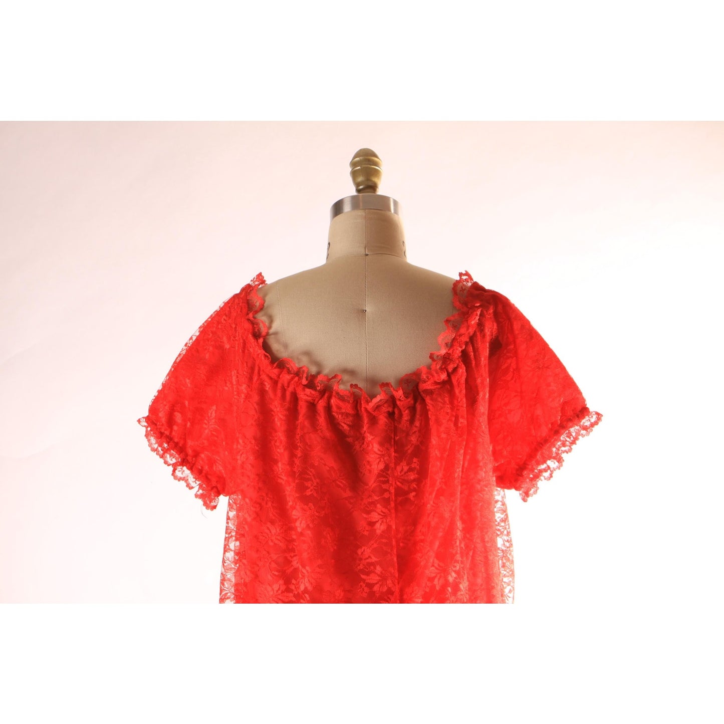 1960s 1970s Sheer Red Lace Overlay Short Sleeve Off the Shoulder Lingerie Night Gown -2XL