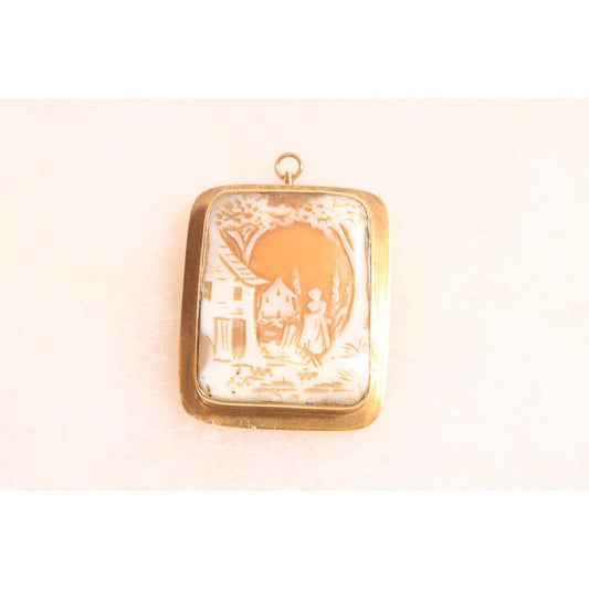 Antique 1900s 1910s 1920s Peach Pink, Cream and Gold Tone Metal Carved Shell Brooch Pendant