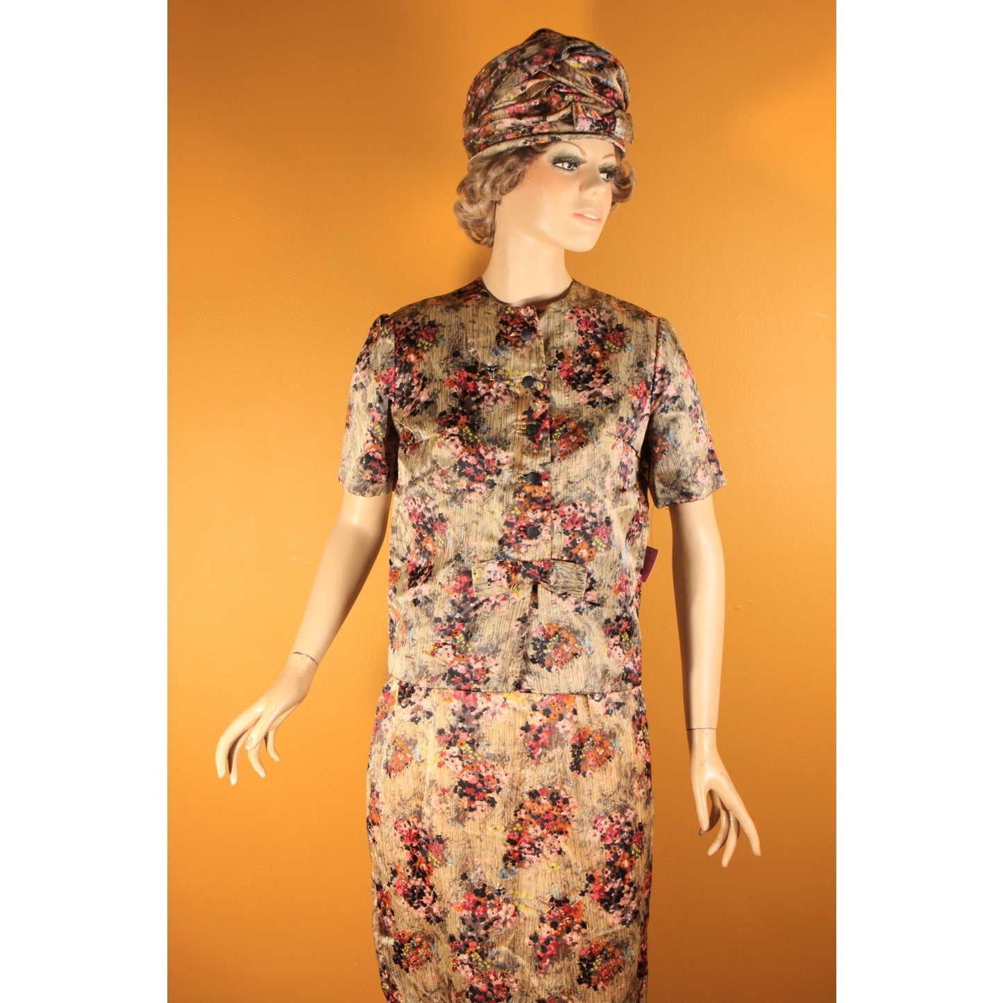 1950s Gray and Purple Floral Waterfall Sash Wiggle Dress with Matching Jacket and Hat Three Piece Outfit by Letizia Fuhr -S