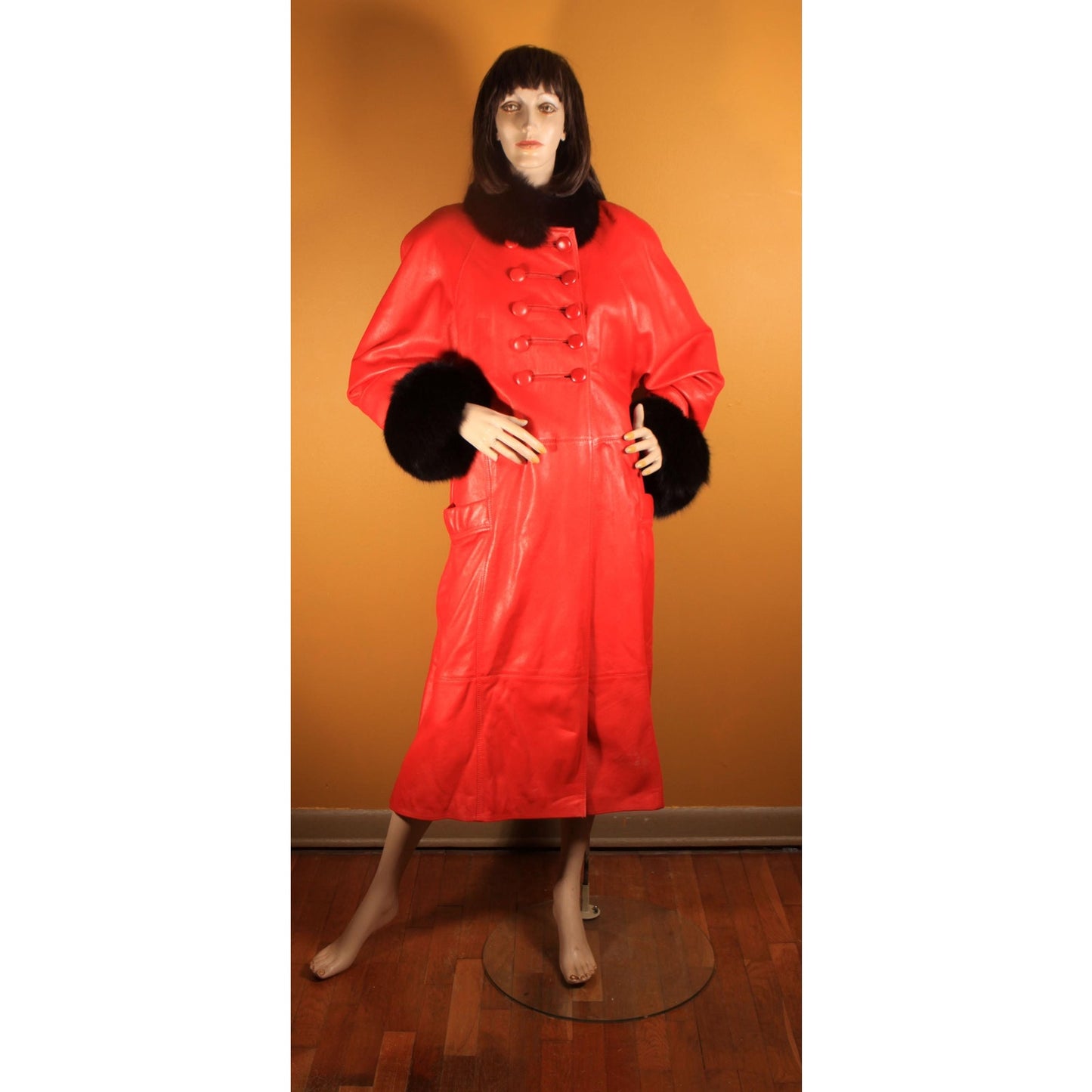 1980s Red Leather and Black Fox Fur Trim Long Sleeve Coat by McDaniel's -XL