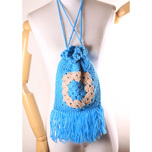 1970s Turquoise Blue and Tan Crochet Granny Square Fringe Drawstring Purse Bag